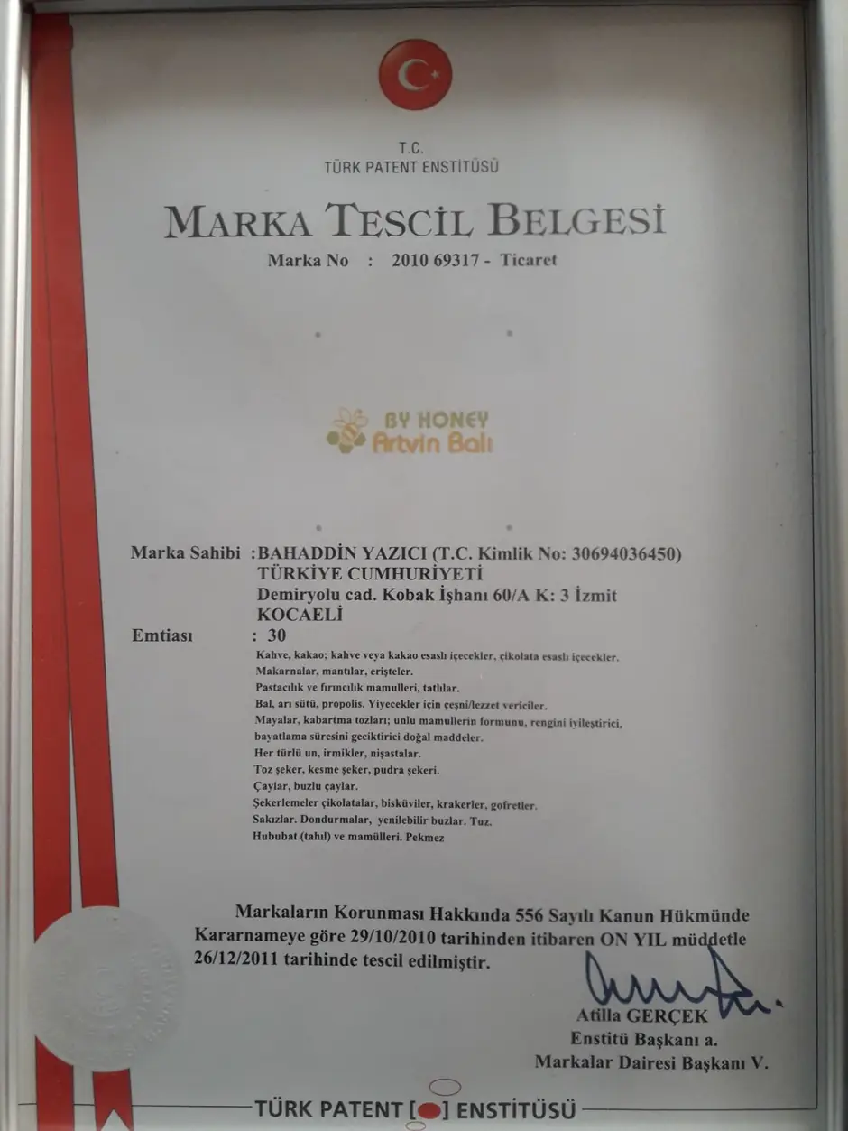 Artvin Balı markasına ait Türk Patent Enstitüsü marka tescil belgesi, marka no 2010 69317