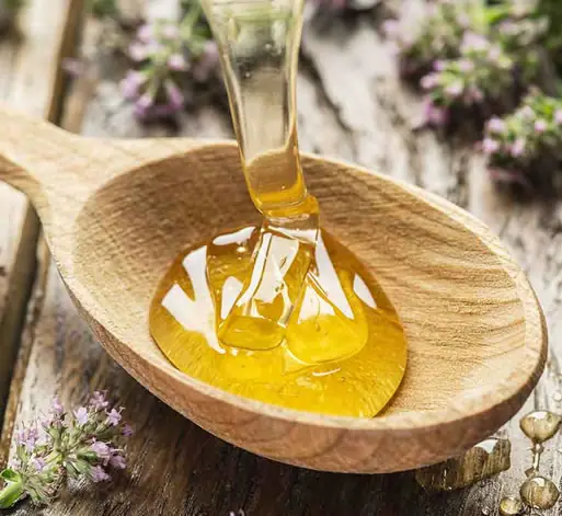 Açık amber renkli kekik balı ve yabani kekik çiçekleri